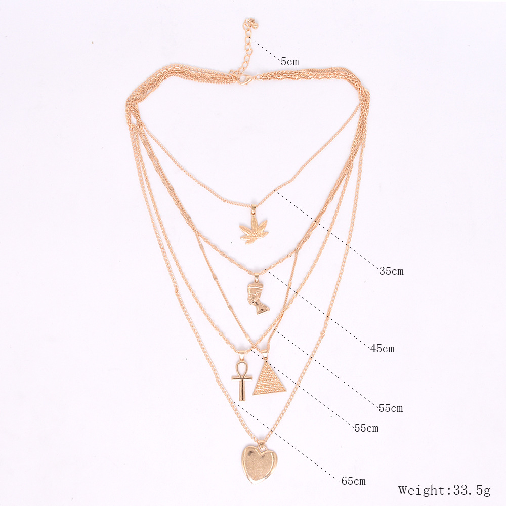 Valentine Maple Leaf Egyptian Pharaoh Love Necklace Pyramid Pendant Multilayer Necklace