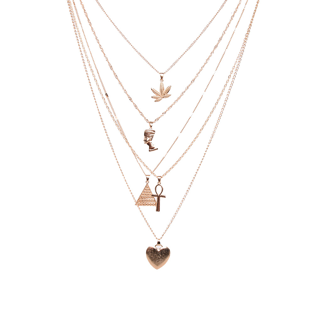 Valentine Maple Leaf Egyptian Pharaoh Love Necklace Pyramid Pendant Multilayer Necklace