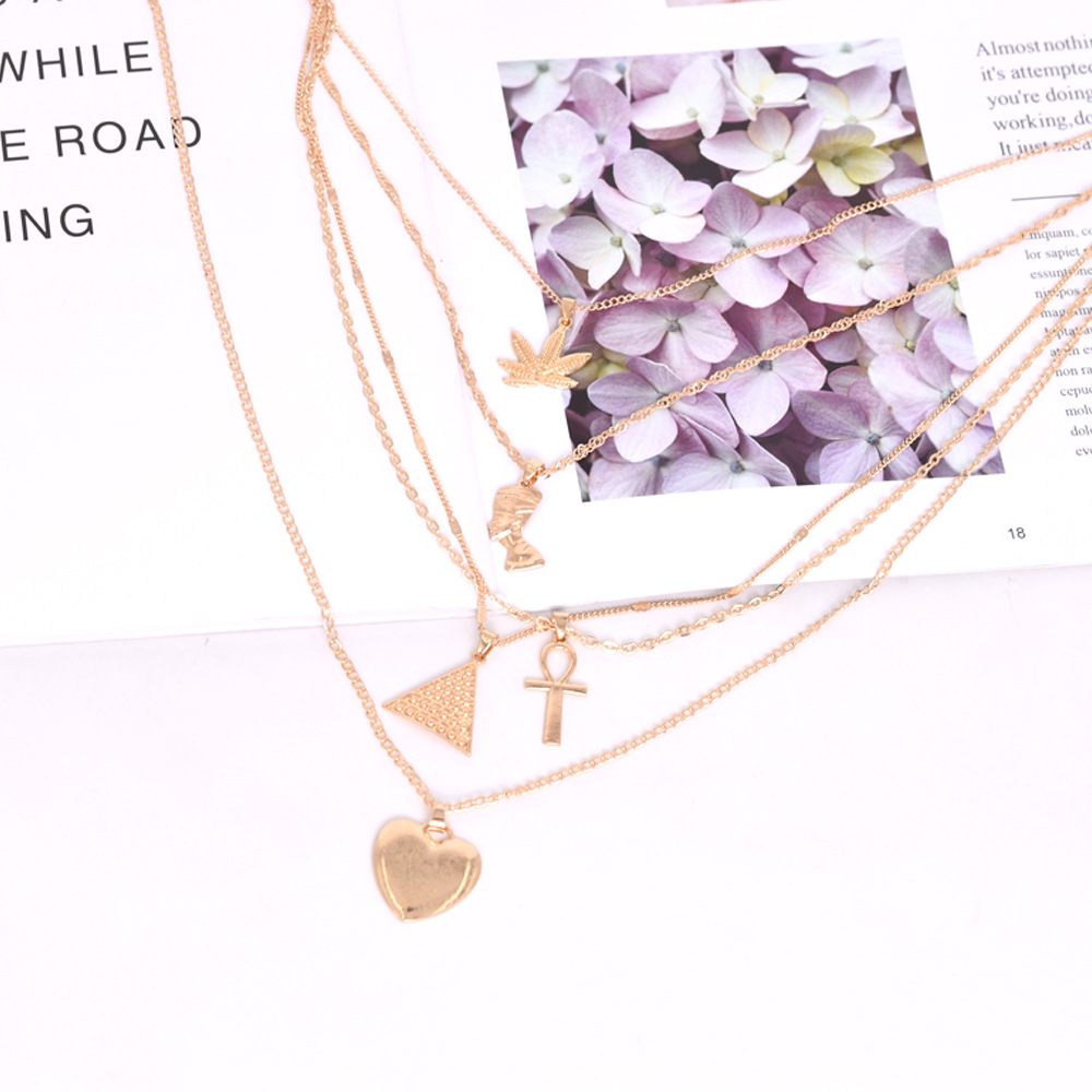 Valentine Maple Leaf Egyptian Pharaoh Love Necklace Pyramid Pendant Multilayer Necklace