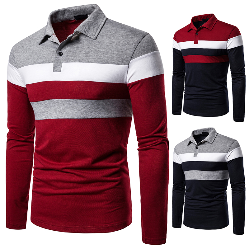 Men&apos;s long-sleeved T-shirt men&apos;s casual fake color matching fit men&apos;s POLO bottoming T-shirt