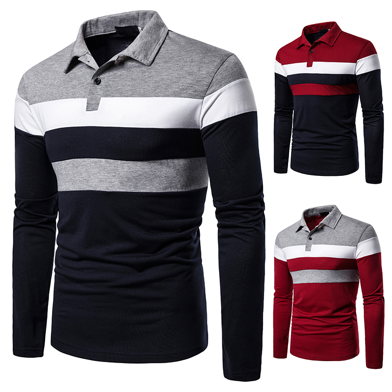 Men&apos;s long-sleeved T-shirt men&apos;s casual fake color matching fit men&apos;s POLO bottoming T-shirt