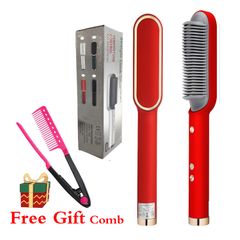 【Merry Christmas】Multifunctional Hair Straightener Curler Flat Iron Tourmaline Ceramic Hair Straighting Curling Irons Corrugation Styler Hot Comb Red as picture