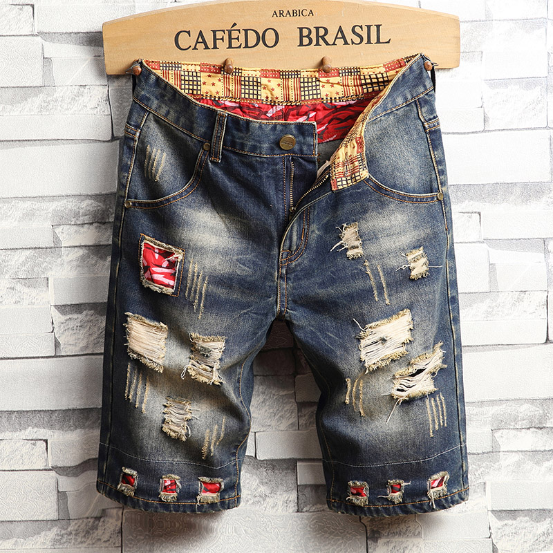 Men&apos;s Denim Shorts Men&apos;s Clothing Beach Ripped Jeans Denim Cotton Shorts