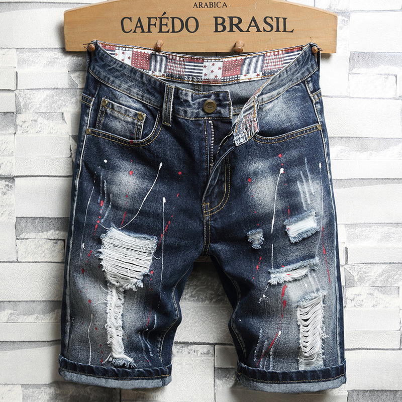 Men&apos;s Denim Shorts Men&apos;s Clothing Beach Ripped Jeans Denim Cotton Shorts