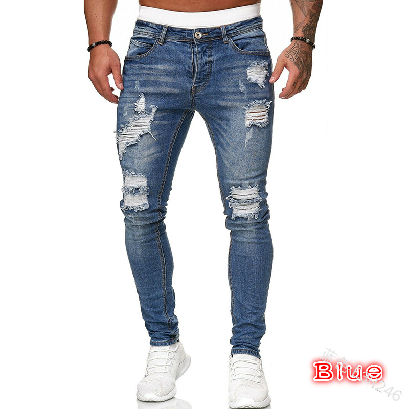 Adisputent Men&apos;s Sweatpants Sexy Hole Jeans Pants Casual Summer Autumn Male Ripped Skinny Trousers