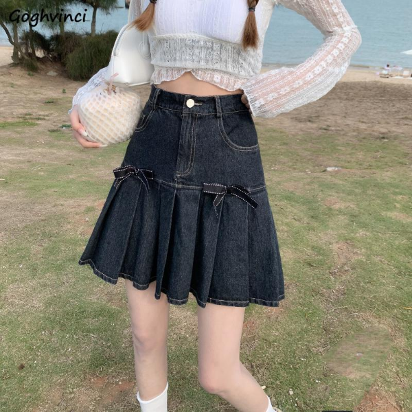 Mini Skirts Women Pleated Fashion Casual Harajuku All-match Denim Female Korean Style Hot Sale Bow Skirts