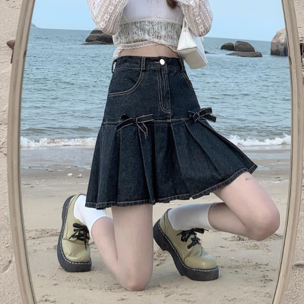 Mini Skirts Women Pleated Fashion Casual Harajuku All-match Denim Female Korean Style Hot Sale Bow Skirts