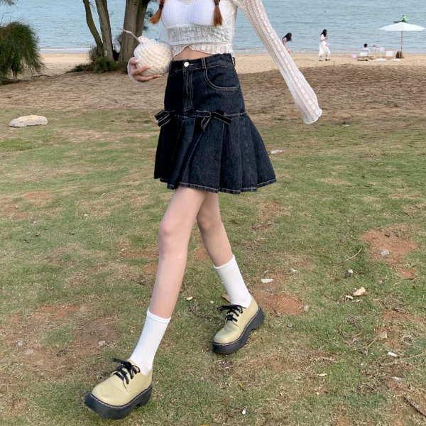 Mini Skirts Women Pleated Fashion Casual Harajuku All-match Denim Female Korean Style Hot Sale Bow Skirts