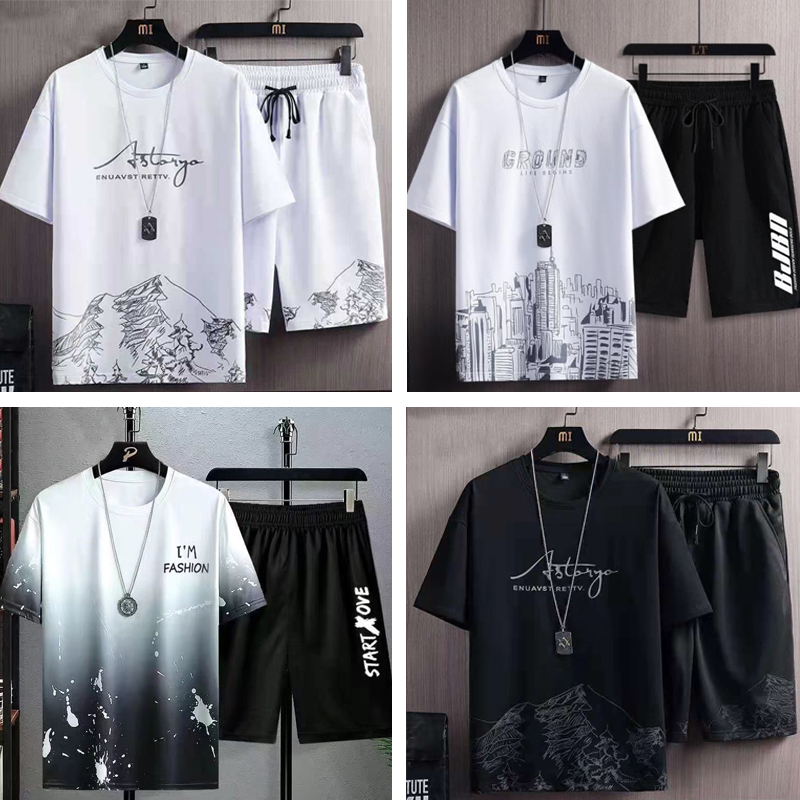 man clothes  2 PCS 2 in 1 T-shirts Men tshirts Shorts Men Clothes Polos Tops T-shirts&Shorts Casual Apparel Sports Appare