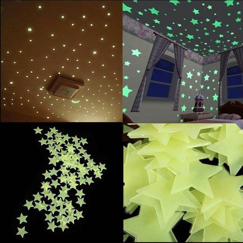 100pcs 3D Home Decor Kids Bedroom Fluorescent Glow In The Dark Stars Luminous Wall Stickers Stars