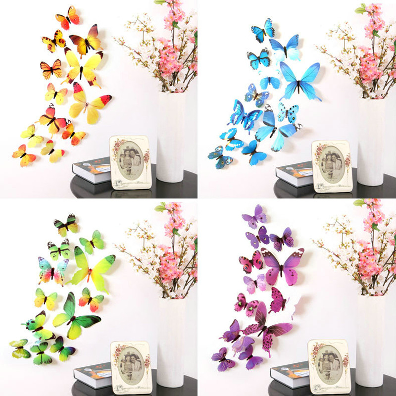 12pcs Pvc 3d Butterfly Wall Decor Cute Butterflies Wall Stickers Art Decals Home