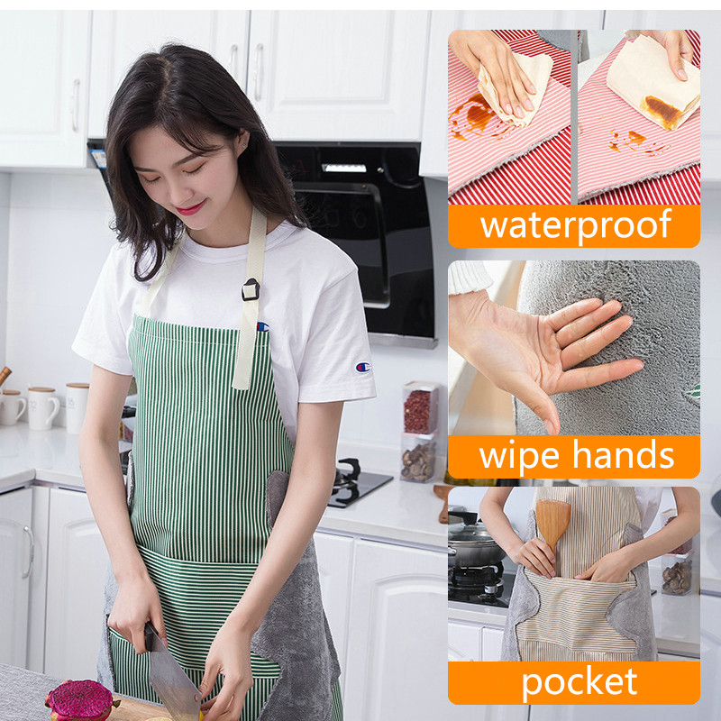 1PC Kitchen Apron Oil Proof Waterproof Apron Wipe Hands with Towel Large Pocket Cooking Aprons