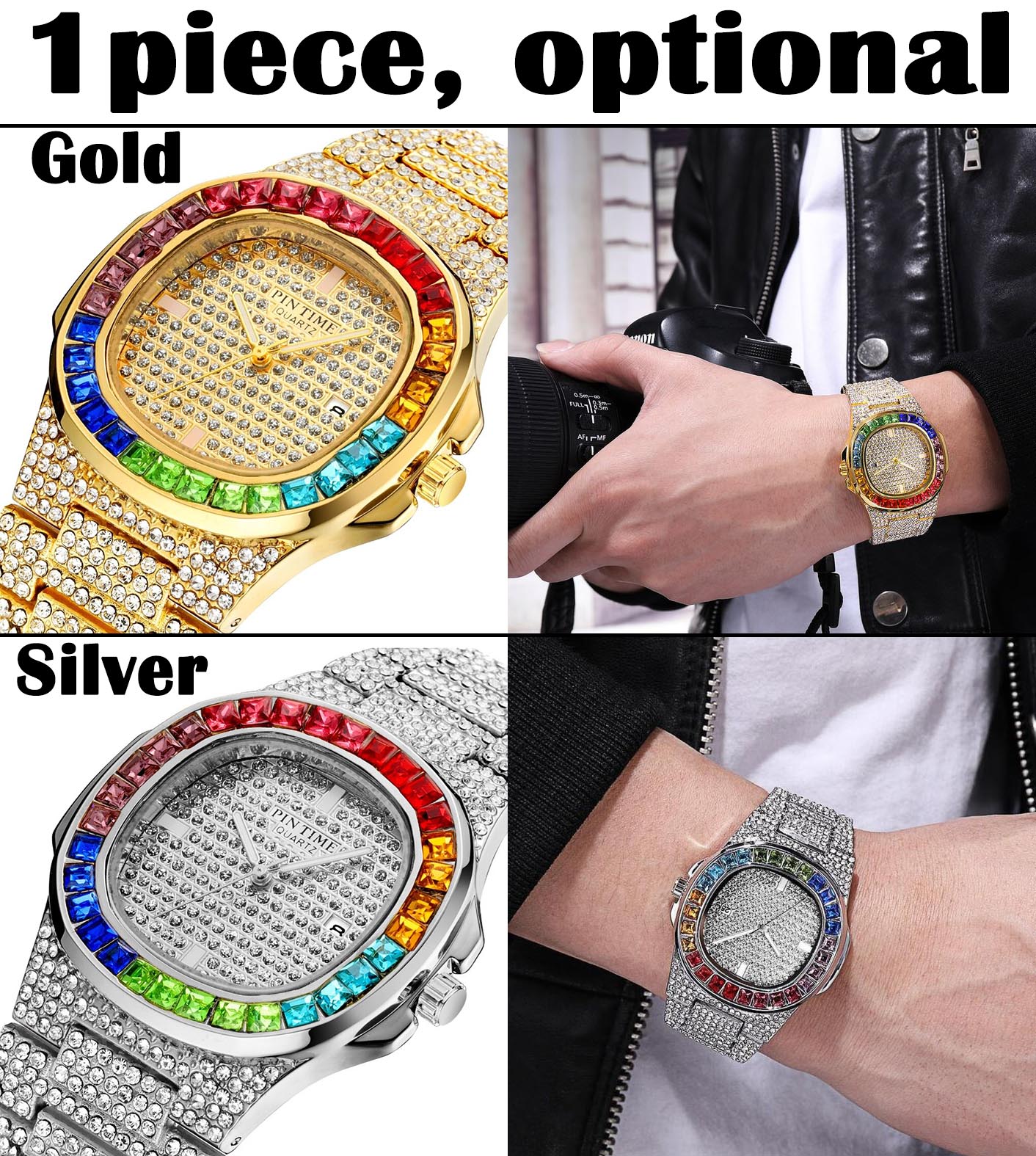Colourful Gold/Silver Diamond-Shaped Iced Out Crystal Watch + Gift Box