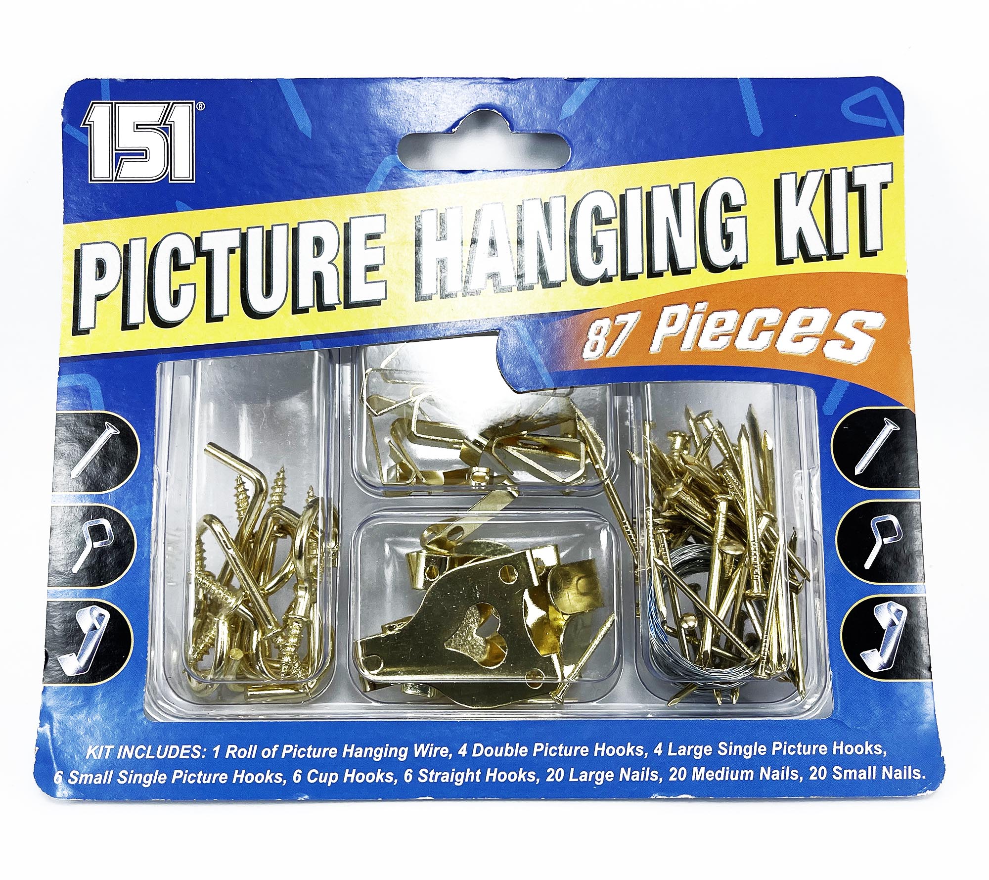 87pcs Picture Hanging Kit Mirror Frame Canvas Wall Hooks Brass Nail Wire Brackets