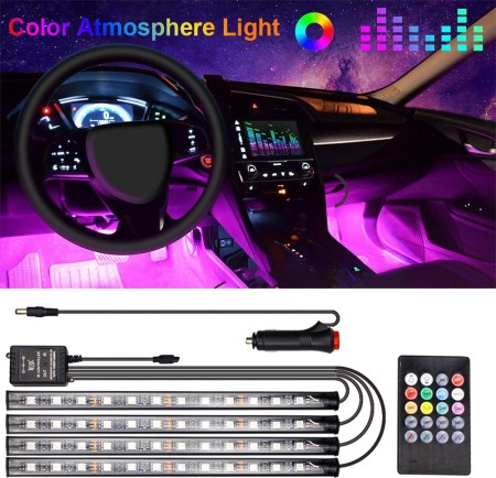 4 in1 Car LED Strip Light 7 Multicolor Interior RGB Under Dash Lighting Wireless Remote Control