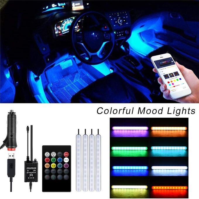 4 in1 Car LED Strip Light 7 Multicolor Interior RGB Under Dash Lighting Wireless Remote Control