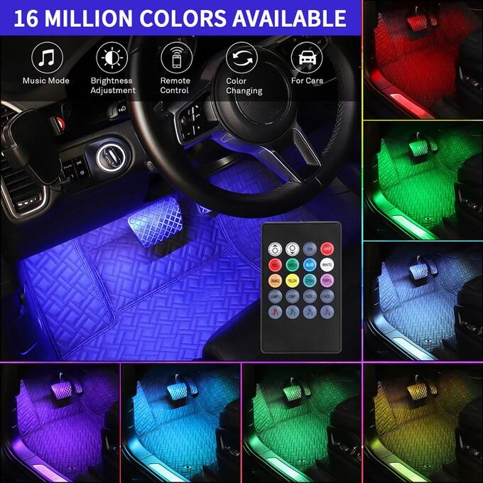 4 in1 Car LED Strip Light 7 Multicolor Interior RGB Under Dash Lighting Wireless Remote Control