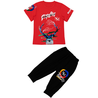 Boy Clothing Sets Short Sleeve T-shirts Cartoon Deer Pattern Shorts Pants Handsome Mid Big Boy Suits