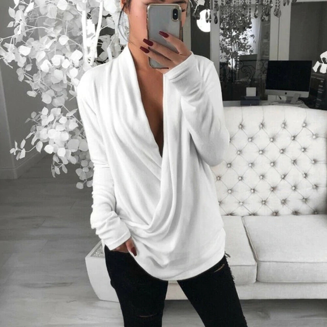 2021 High quality Women Sexy Casual Loose Deep V Neck Long Sleeve Pleated Wrap Top Shirt Tunic Autumn Warm Winter