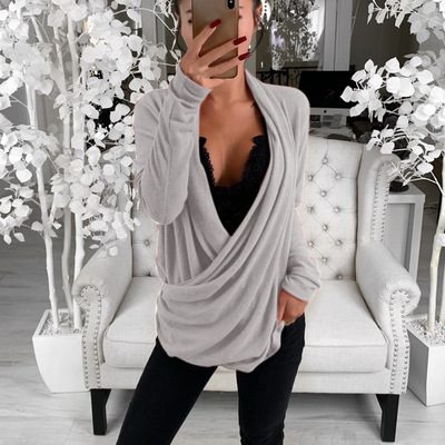 2021 High quality Women Sexy Casual Loose Deep V Neck Long Sleeve Pleated Wrap Top Shirt Tunic Autumn Warm Winter