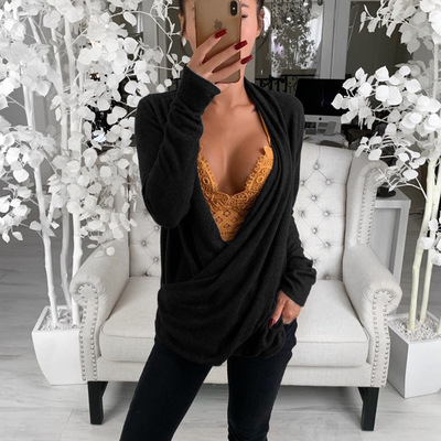 2021 High quality Women Sexy Casual Loose Deep V Neck Long Sleeve Pleated Wrap Top Shirt Tunic Autumn Warm Winter