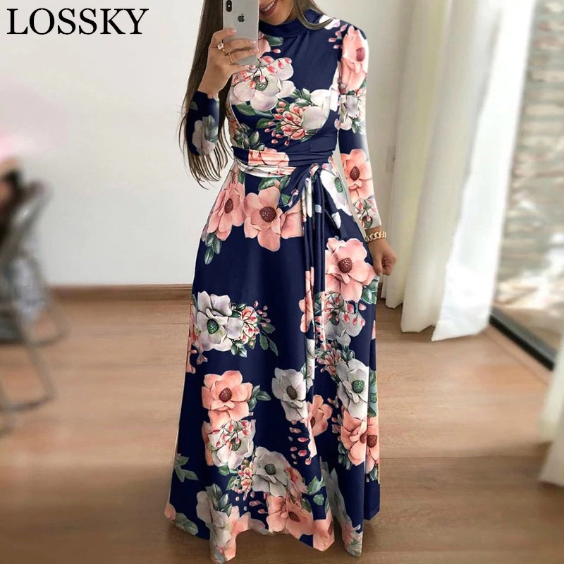 2021 High quality Women autumn Dress Casual Long Sleeve Long Dress Boho Floral Print Maxi Dress Turtleneck Bandage