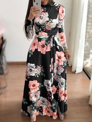 2021 High quality Women autumn Dress Casual Long Sleeve Long Dress Boho Floral Print Maxi Dress Turtleneck Bandage