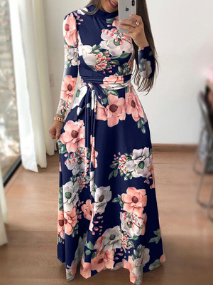 2021 High quality Women autumn Dress Casual Long Sleeve Long Dress Boho Floral Print Maxi Dress Turtleneck Bandage