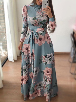 2021 High quality Women autumn Dress Casual Long Sleeve Long Dress Boho Floral Print Maxi Dress Turtleneck Bandage