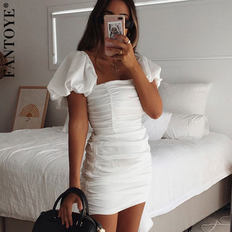 2021 High quality Sexy Puff Sleeve Ruched Bandage Mini Dress Women Summer White Skinny Backless Dresses