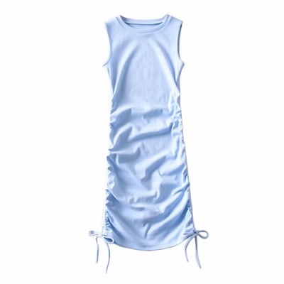 2021 High quality Cotton Ruched Drawstring Sexy Party Dress Women Sleeveless Elastic Mini Dress Vintage Summer Bodycon