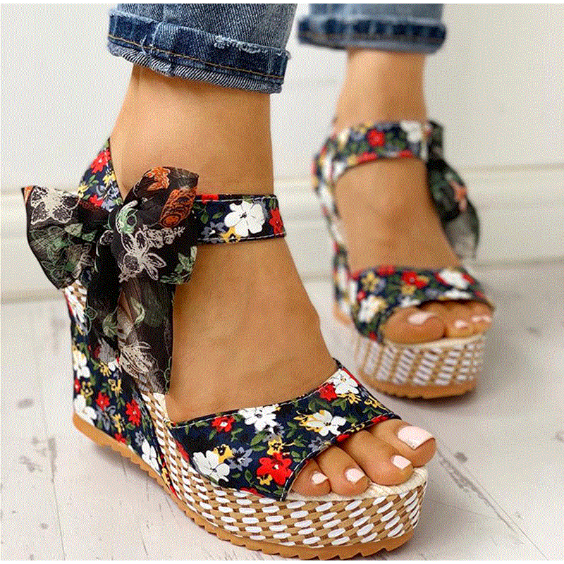 2021 High quality Summer Beach Boho Floral Wedge Sandals Women Ankle Strap Platform Gladiator Shoes Woman High Heels Sandalias Mujer