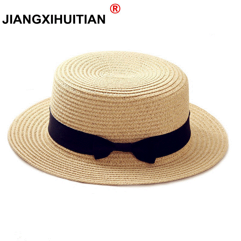 2021 High quality  simple Summer Parent-child Beach Hat Female Casual Panama Hat Lady Brand Women Flat brim Bowknot Straw cap girls Sun Hat