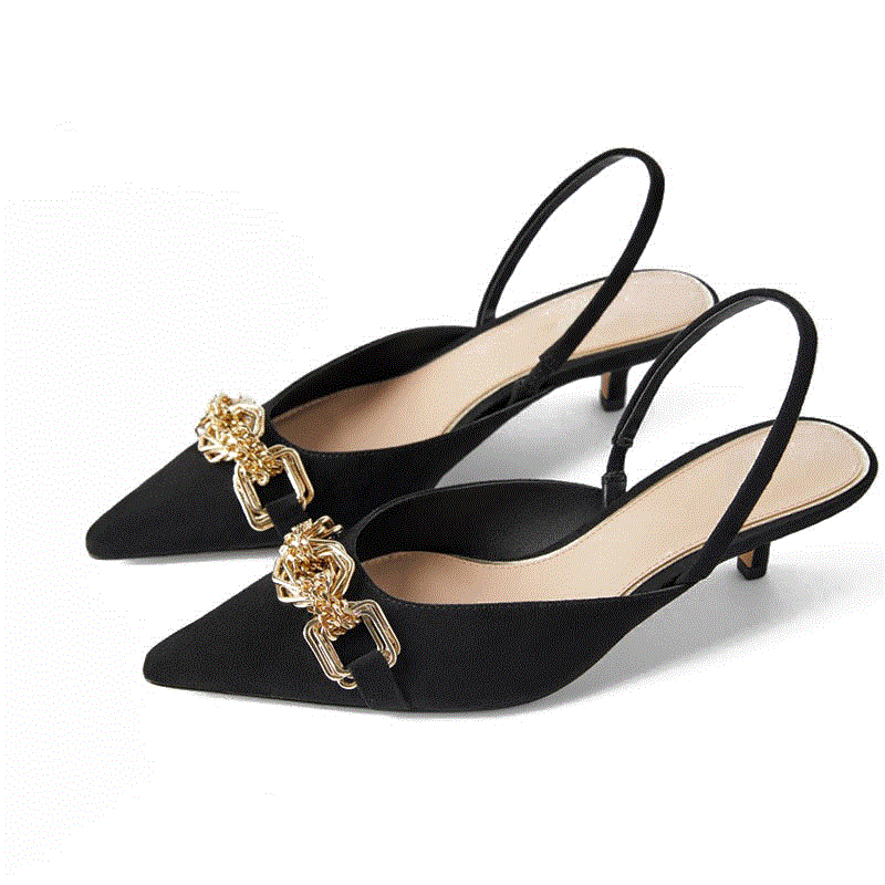 2021 High quality Women High Heels Shoes  New Spring Summer Pointed Toe Metal Decoration Mid-low Heel Sandals Women Sexy Size 34-41