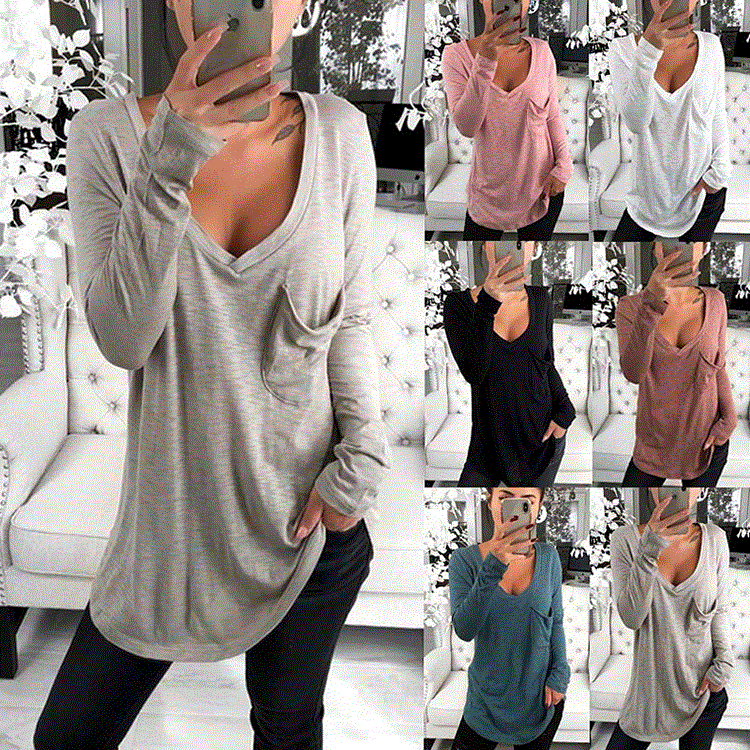 2021 High quality T Shirts Women  Women's Popular Autumn Sexy V-neck Loose Pocket Casual Long Sleeve Under Layer Tshirt Tops Women ONF033