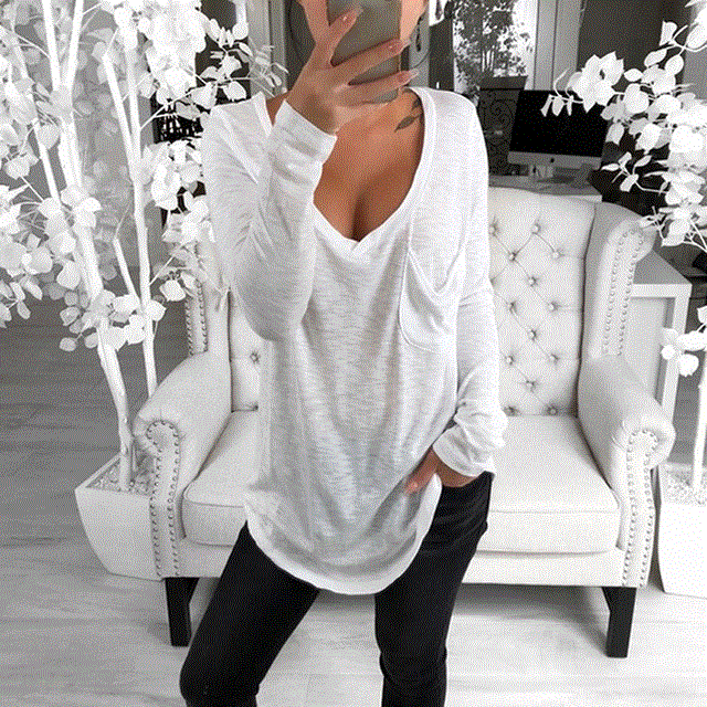 2021 High quality T Shirts Women  Women's Popular Autumn Sexy V-neck Loose Pocket Casual Long Sleeve Under Layer Tshirt Tops Women ONF033