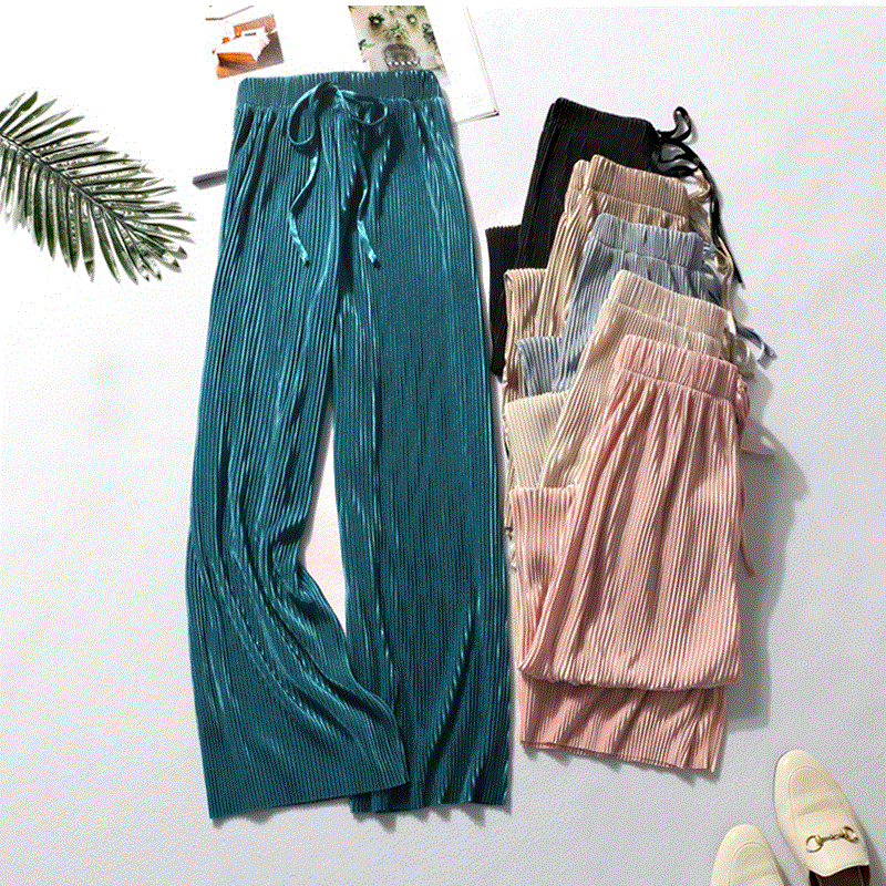 2021 High quality Summer Wide Leg Pants For Women Casual Elastic High Waist New Fashion Loose Long Pants Pleated Pant Trousers Femme