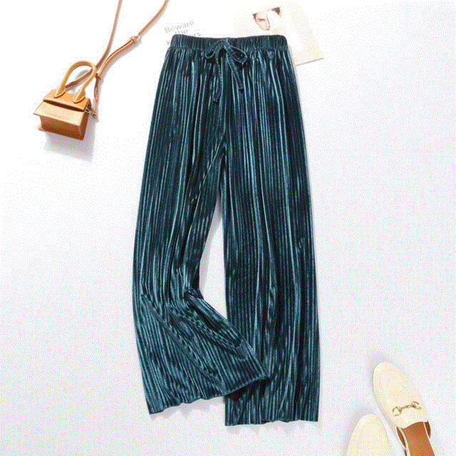 2021 High quality Summer Wide Leg Pants For Women Casual Elastic High Waist New Fashion Loose Long Pants Pleated Pant Trousers Femme