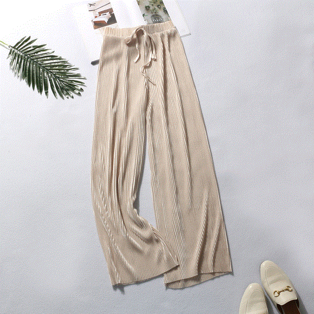 2021 High quality Summer Wide Leg Pants For Women Casual Elastic High Waist New Fashion Loose Long Pants Pleated Pant Trousers Femme