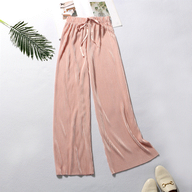 2021 High quality Summer Wide Leg Pants For Women Casual Elastic High Waist New Fashion Loose Long Pants Pleated Pant Trousers Femme