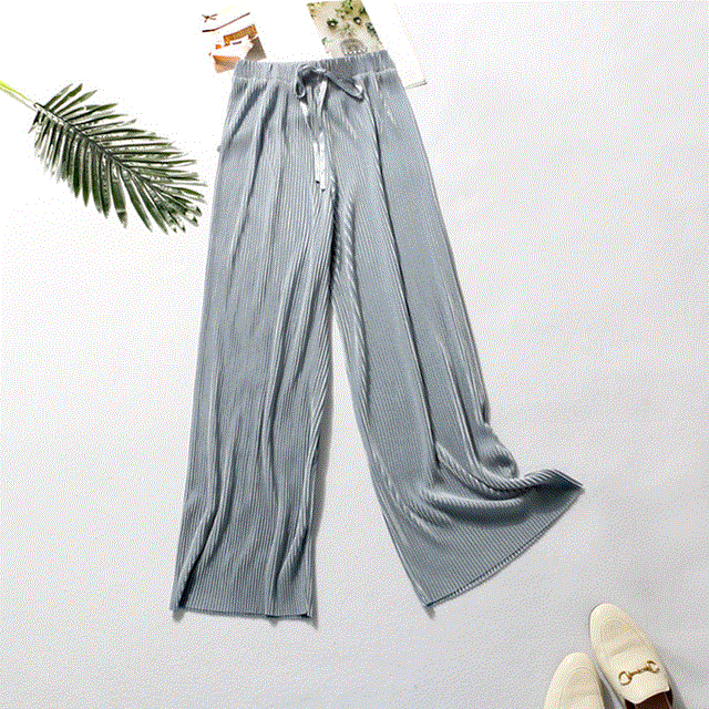 2021 High quality Summer Wide Leg Pants For Women Casual Elastic High Waist New Fashion Loose Long Pants Pleated Pant Trousers Femme