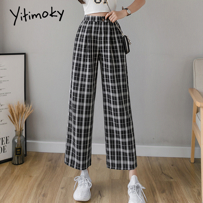 2021 High quality vintage plaid pants elastic waist pants women high waist plus size wide leg Pants Casual female korean trousers women