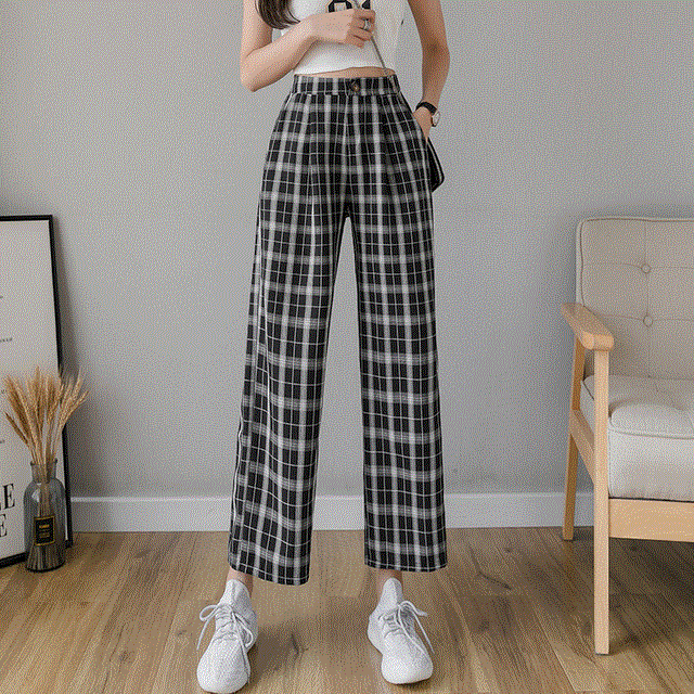 2021 High quality vintage plaid pants elastic waist pants women high waist plus size wide leg Pants Casual female korean trousers women