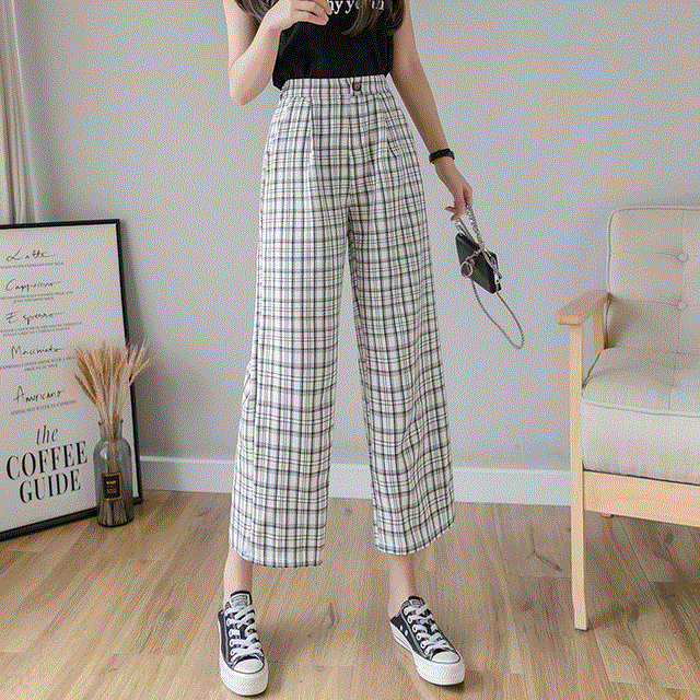 2021 High quality vintage plaid pants elastic waist pants women high waist plus size wide leg Pants Casual female korean trousers women