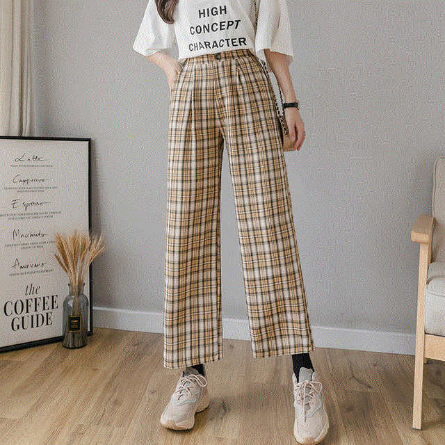 2021 High quality vintage plaid pants elastic waist pants women high waist plus size wide leg Pants Casual female korean trousers women