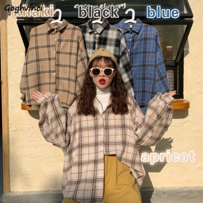 2021 High quality Women Blouses Turn-down Collar Spring Shirts Plaid All-match BF Batwing-sleeve Loose Outwear Harajuku Female 4 Colors Chic New