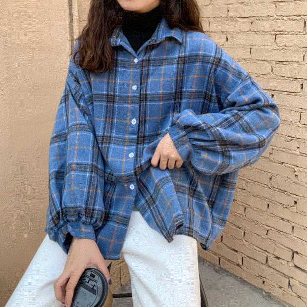 2021 High quality Women Blouses Turn-down Collar Spring Shirts Plaid All-match BF Batwing-sleeve Loose Outwear Harajuku Female 4 Colors Chic New