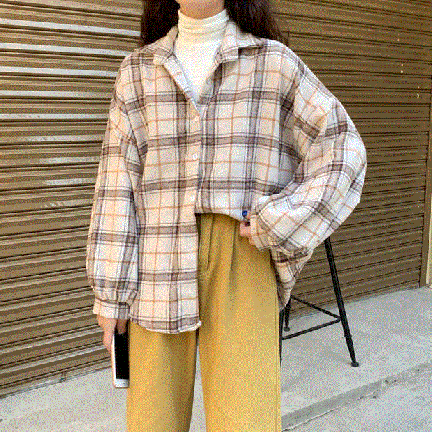 2021 High quality Women Blouses Turn-down Collar Spring Shirts Plaid All-match BF Batwing-sleeve Loose Outwear Harajuku Female 4 Colors Chic New