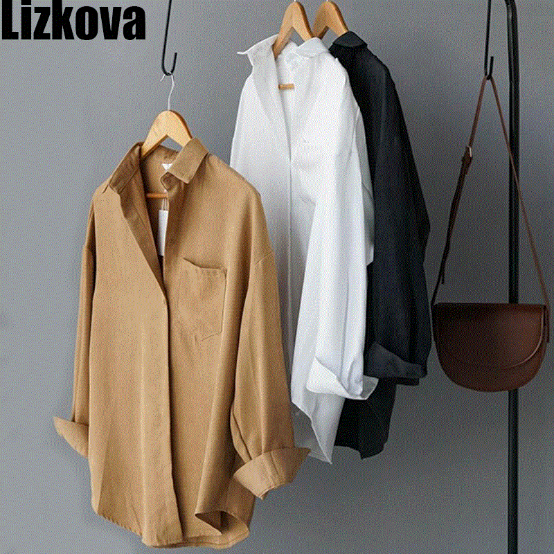 2021 High quality White Blouse Women Suede Long Sleeve Formal Shirt  Autumn Lapel Ladies Blouse Streetwear 8866