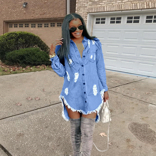 2021 High quality Vintage Women Denim Mini Asymmetrical Dress Sexy Turn Down Neck Long Sleeve Ribbbed Tassel Shirt Dress Mini Blue Jean Vestido